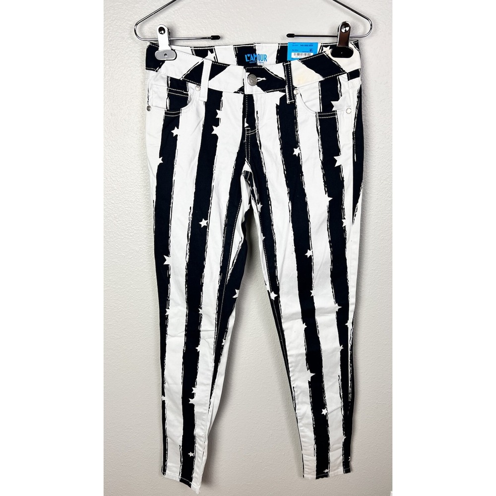 L'Amour Juniors Size 3 Jeans Skinny Stars Stripped‎ Pants Black White NWT